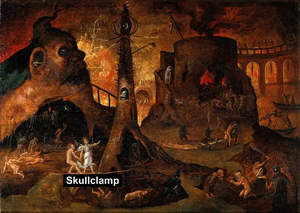 This is the one piece of stupid meme content you get. 'An Angel Leading Skullclamp Into Hell, Hieronymus Bosch'